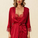 Titania red satin robe and nightdress set with lace cuffs and tied waist