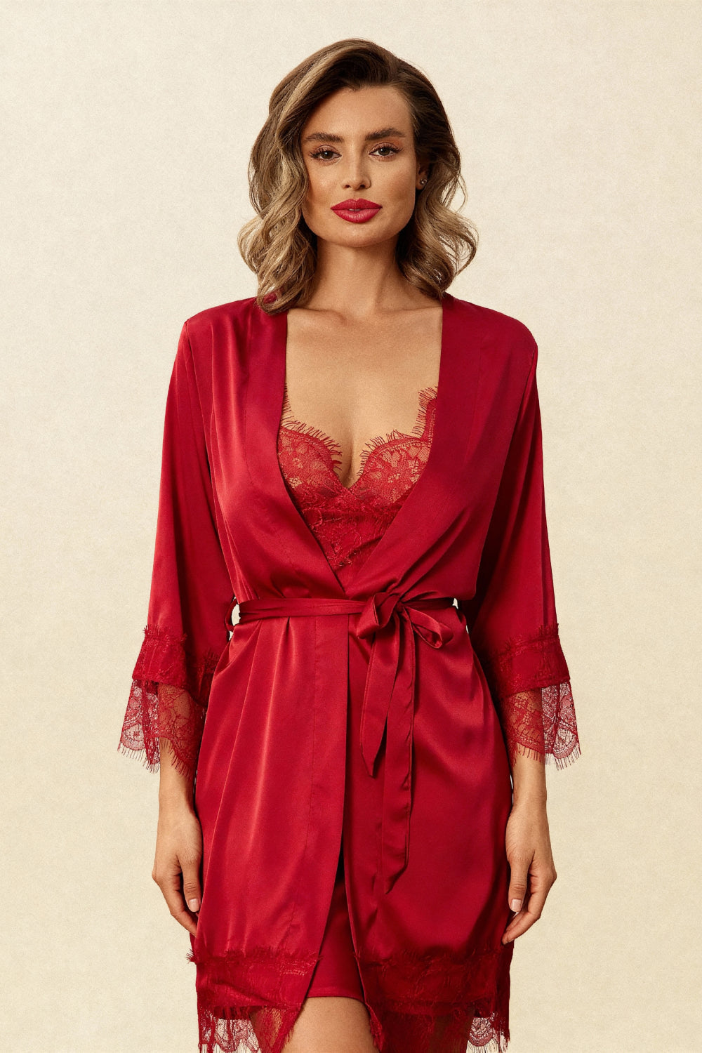 Titania red satin robe and nightdress set with lace cuffs and tied waist