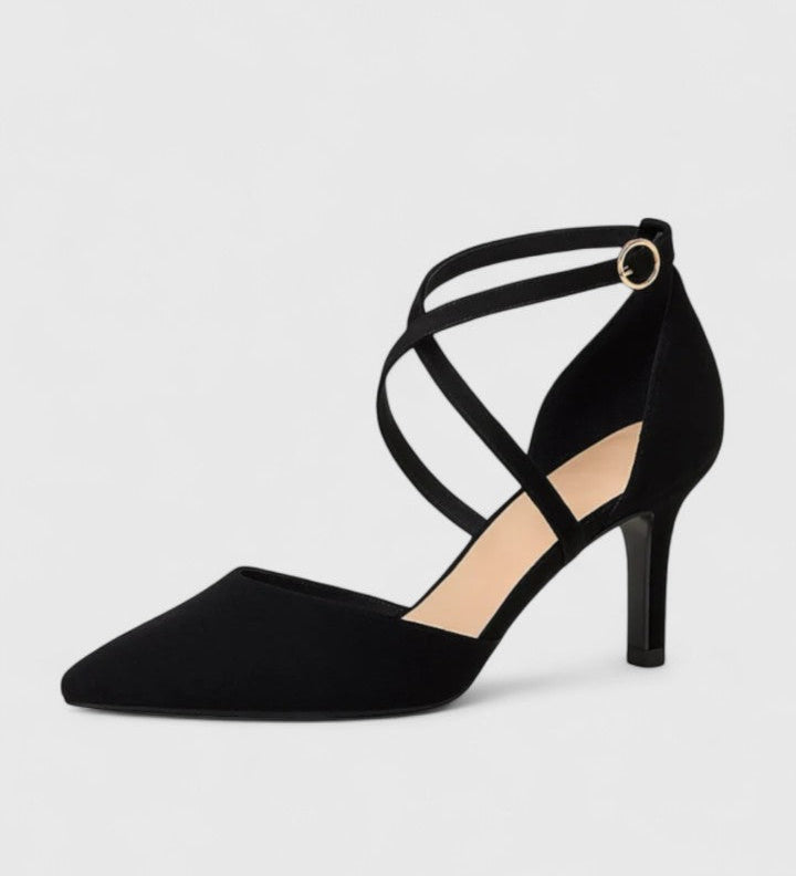 Sylwia orthopaedic heeled shoes, black pointed-toe pumps with ankle strap and wide crisscross straps
