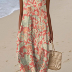 Beth™ floral midi dress, sleeveless, round neck, coral and green leaf print, tiered skirt