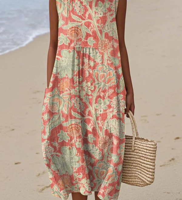 Beth™ floral midi dress, sleeveless, round neck, coral and green leaf print, tiered skirt