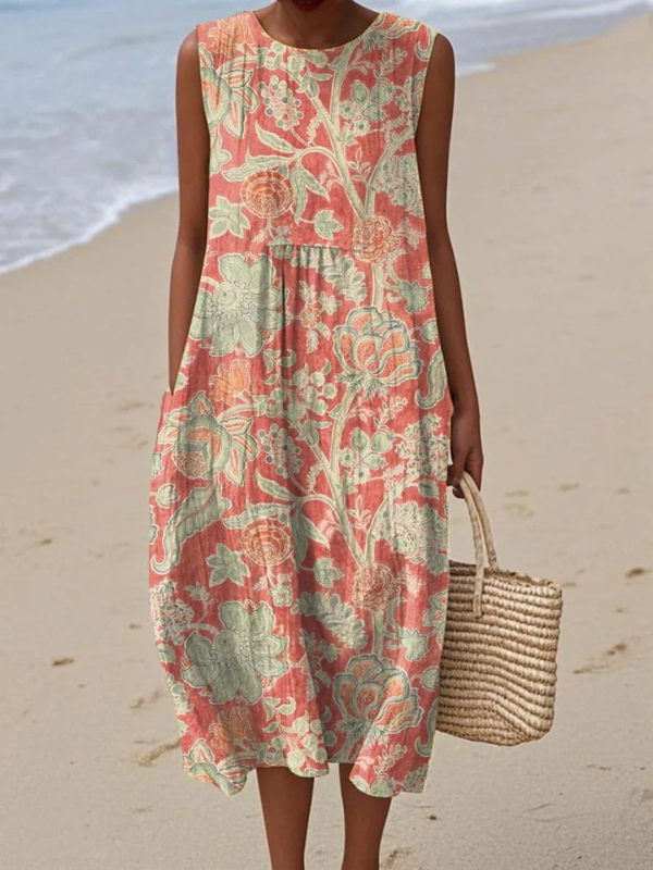 Beth™ floral midi dress, sleeveless, round neck, coral and green leaf print, tiered skirt