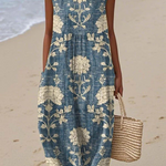 Boho midi dress, sleeveless, blue and cream floral print, round neckline