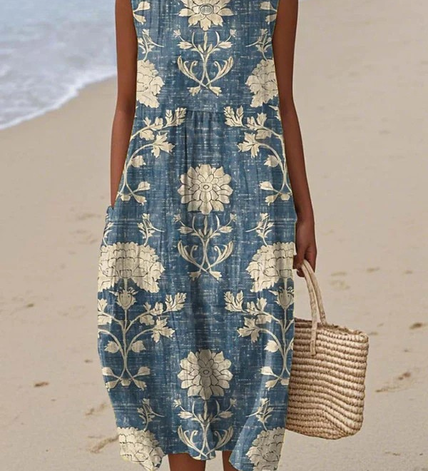 Boho midi dress, sleeveless, blue and cream floral print, round neckline