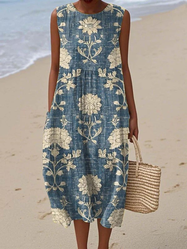 Boho midi dress, sleeveless, blue and cream floral print, round neckline
