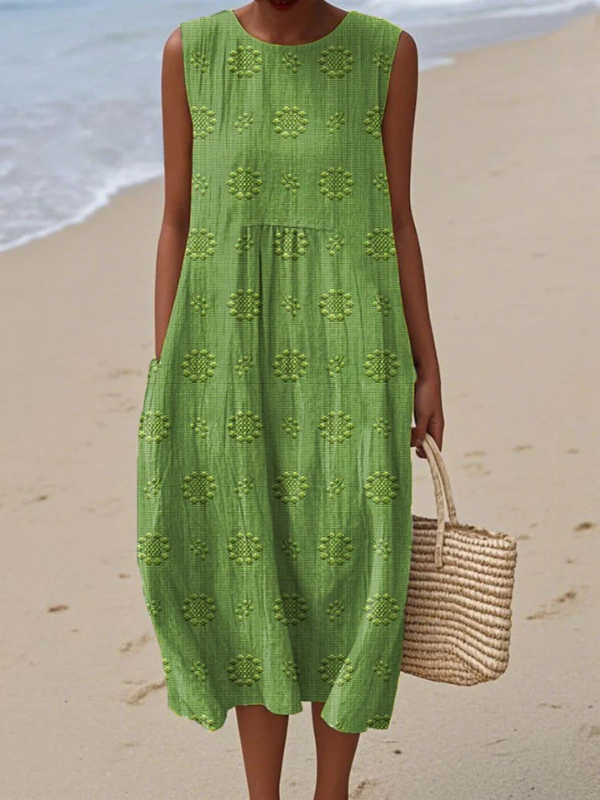 Green sleeveless Sara™ midi dress with floral eyelet pattern and tiered skirt