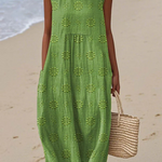 Green midi embroidered sleeveless dress with round neck and tiered skirt