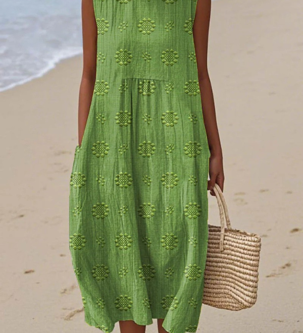 Green midi embroidered sleeveless dress with round neck and tiered skirt