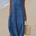 Blue midi embroidered sleeveless dress with round neck and tiered skirt