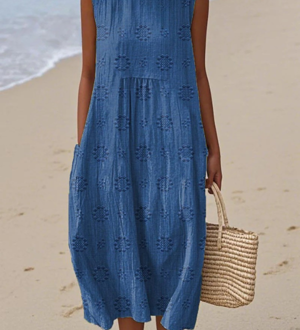 Blue midi embroidered sleeveless dress with round neck and tiered skirt