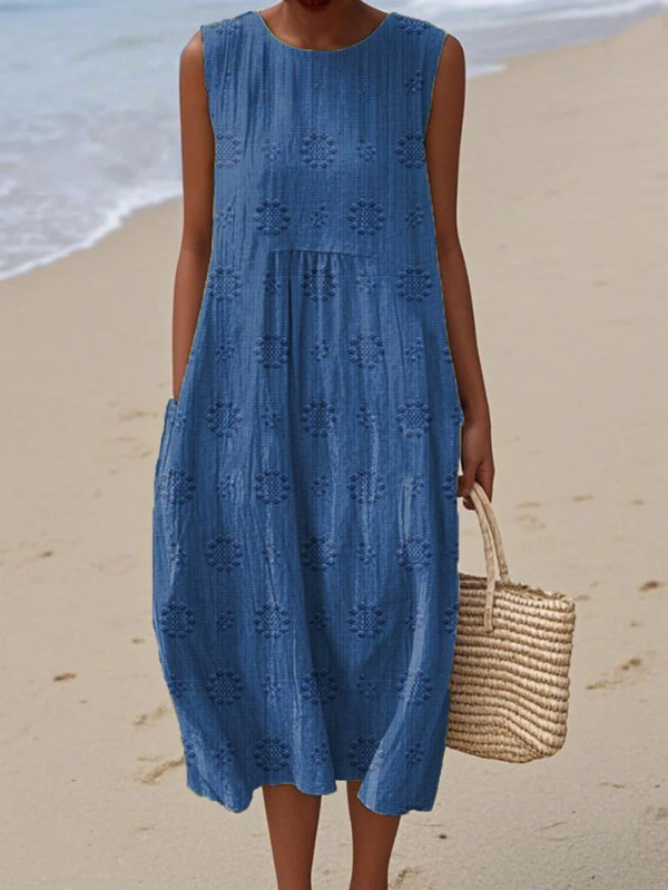 Blue midi embroidered sleeveless dress with round neck and tiered skirt