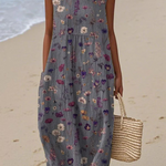 Sleeveless midi floral dress with crew neckline, gathered waist, multicolor prints