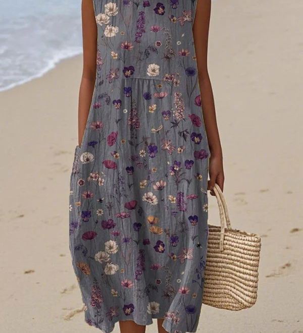 Sleeveless midi floral dress with crew neckline, gathered waist, multicolor prints