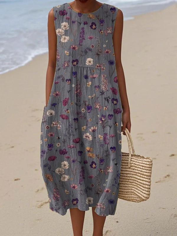 Sleeveless midi floral dress with crew neckline, gathered waist, multicolor prints