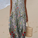 Cara™ wildflower midi dress, sleeveless gray with colorful floral embroidery