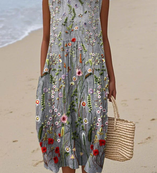 Cara™ wildflower midi dress, sleeveless gray with colorful floral embroidery