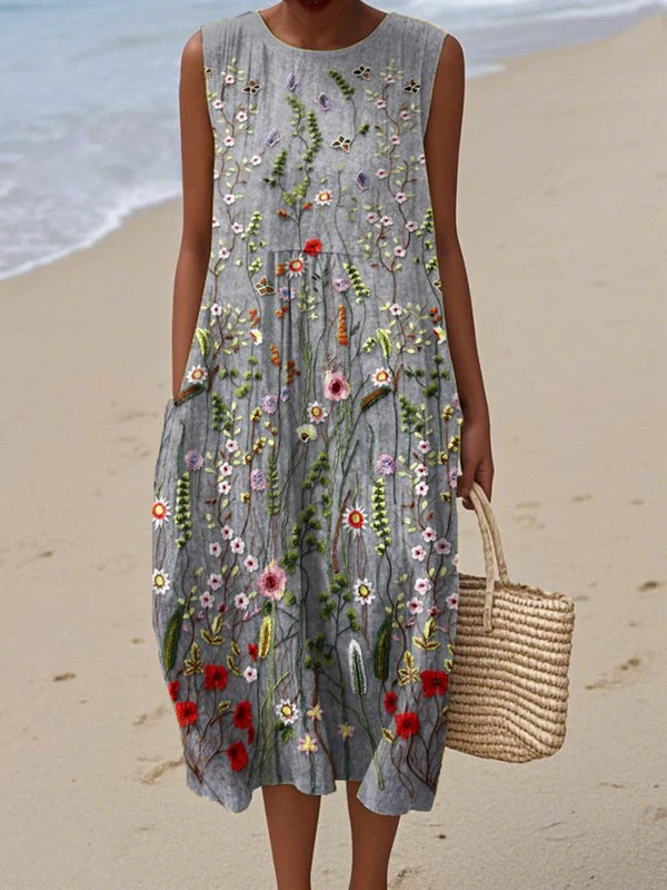Cara™ wildflower midi dress, sleeveless gray with colorful floral embroidery