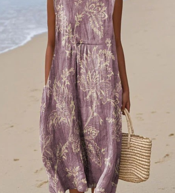 Mia™ midi floral dress, sleeveless with round neck and gathered waist in lavender