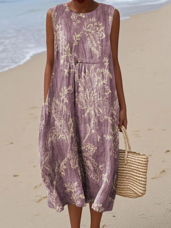 Mia™ midi floral dress, sleeveless with round neck and gathered waist in lavender