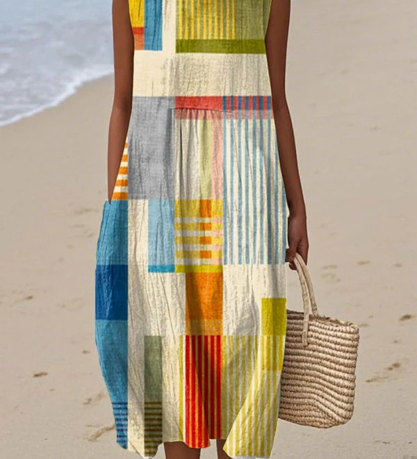 Eve™ geometric midi dress, sleeveless with round neckline, multicolor patchwork blocks