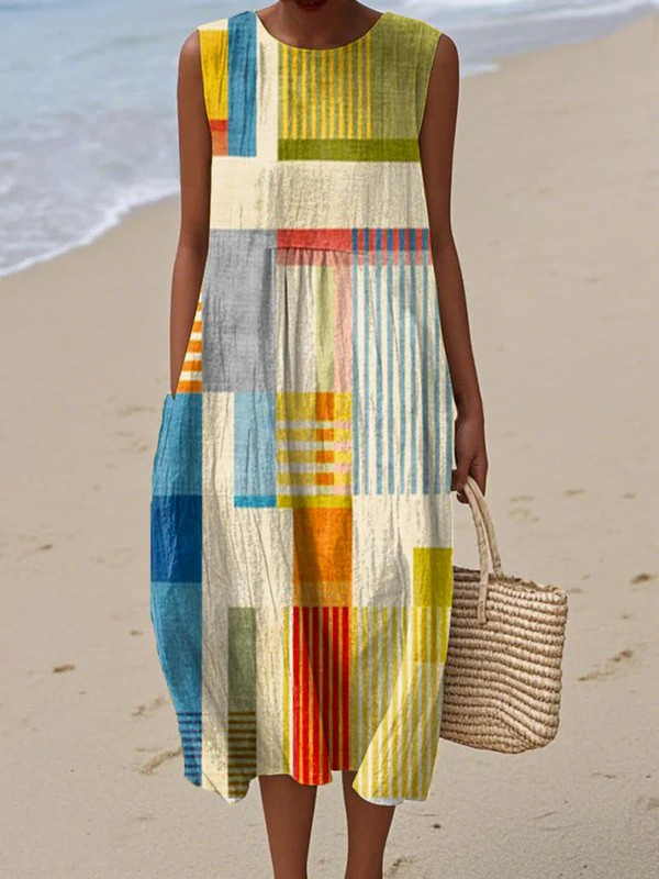 Eve™ geometric midi dress, sleeveless with round neckline, multicolor patchwork blocks