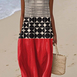 Jane™ midi colorblock dress with sleeveless striped bodice, black geometric band, red skirt
