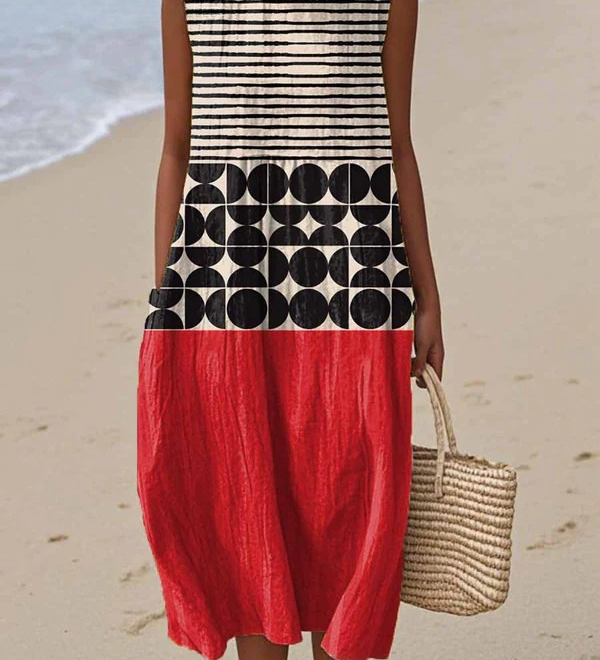 Jane™ midi colorblock dress with sleeveless striped bodice, black geometric band, red skirt