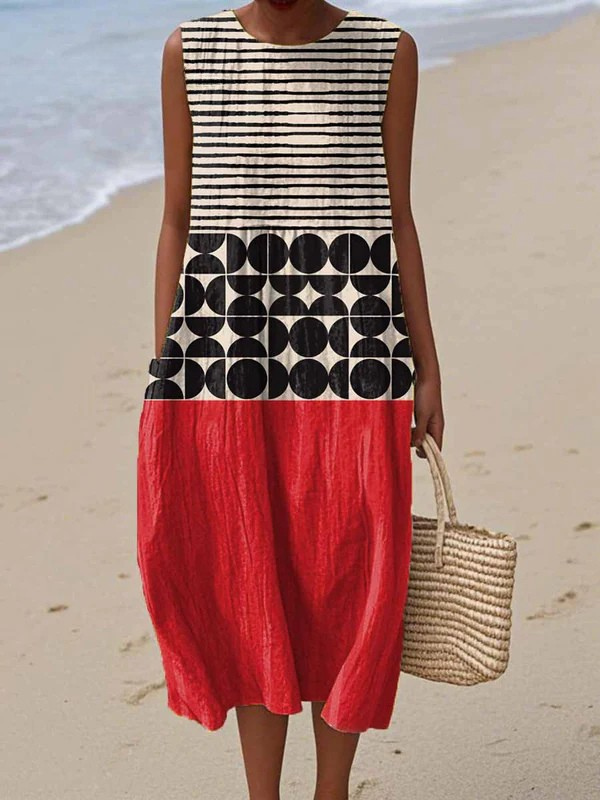 Jane™ midi colorblock dress with sleeveless striped bodice, black geometric band, red skirt