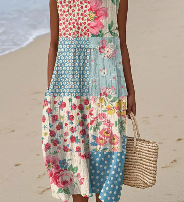 Anna™ midi patchwork dress, sleeveless with round neck and multicolor floral panels