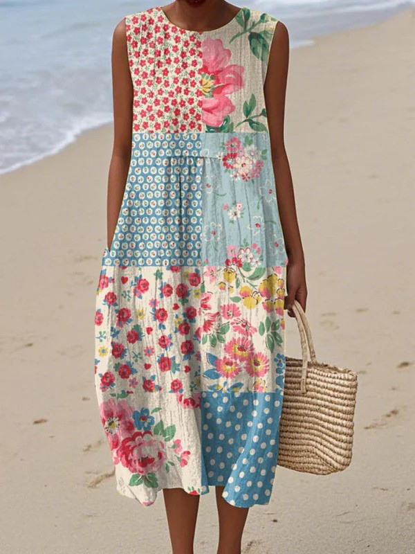 Anna™ midi patchwork dress, sleeveless with round neck and multicolor floral panels