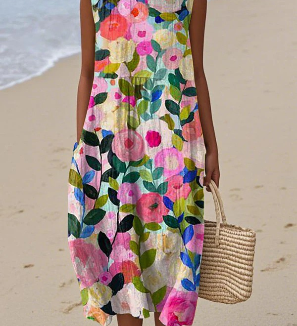 Ava™ floral midi dress, sleeveless round neckline, multicolor flower print