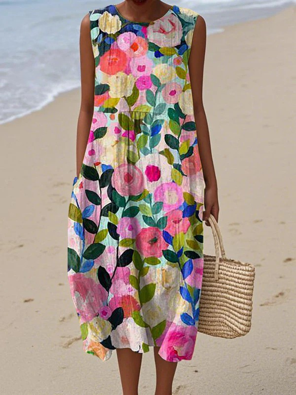 Ava™ floral midi dress, sleeveless round neckline, multicolor flower print