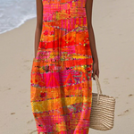 Faye™ sleeveless midi dress with abstract orange, pink, yellow pattern and round neckline