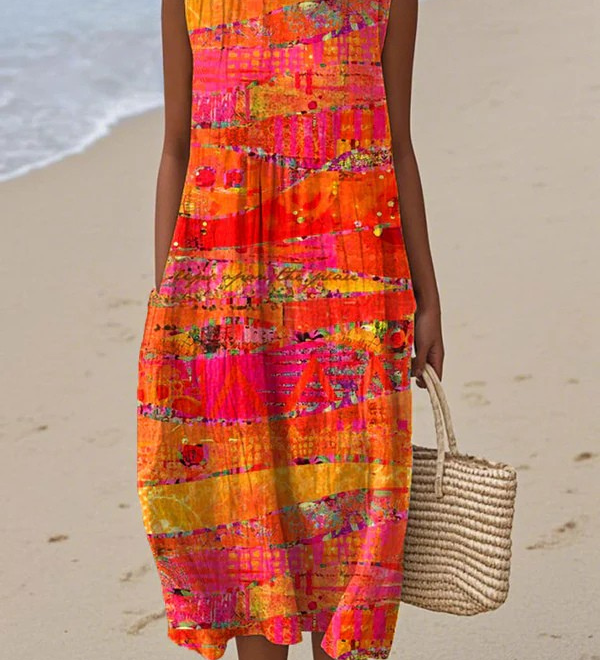 Faye™ sleeveless midi dress with abstract orange, pink, yellow pattern and round neckline