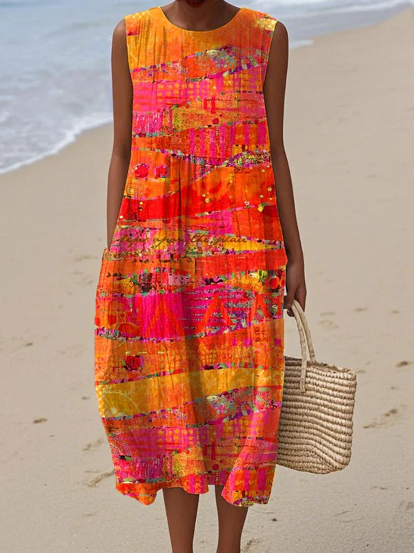Faye™ sleeveless midi dress with abstract orange, pink, yellow pattern and round neckline