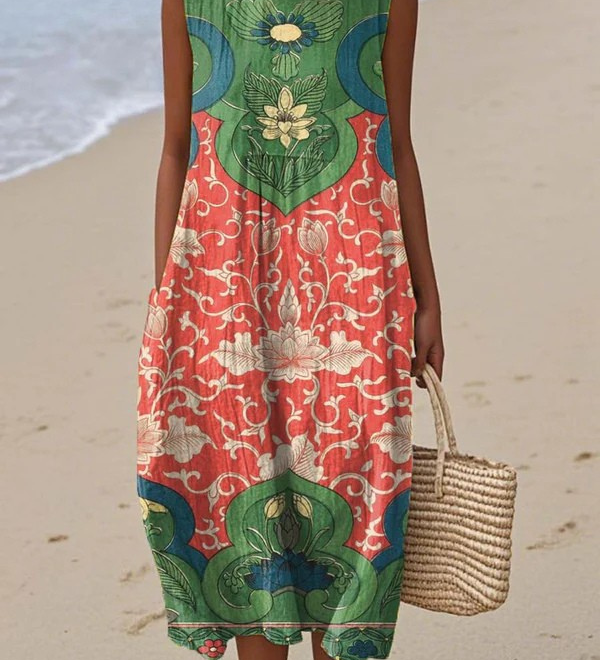 Bohemian midi dress Vera™ with sleeveless scoop neck, multicolor floral pattern