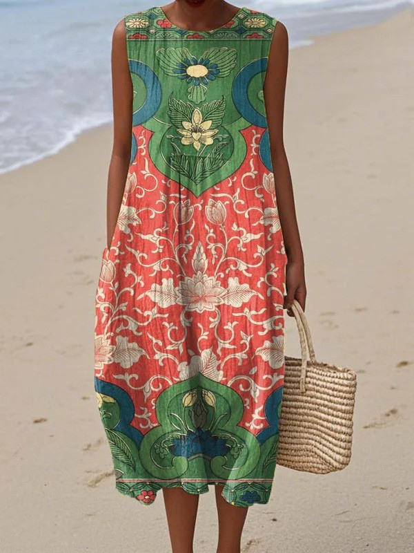 Bohemian midi dress Vera™ with sleeveless scoop neck, multicolor floral pattern