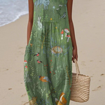 Green sleeveless midi dress with round neck and woodland animal print