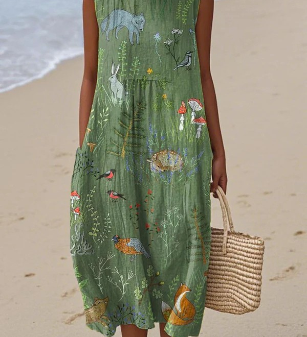 Green sleeveless midi dress with round neck and woodland animal print