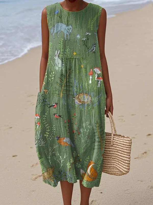 Green sleeveless midi dress with round neck and woodland animal print