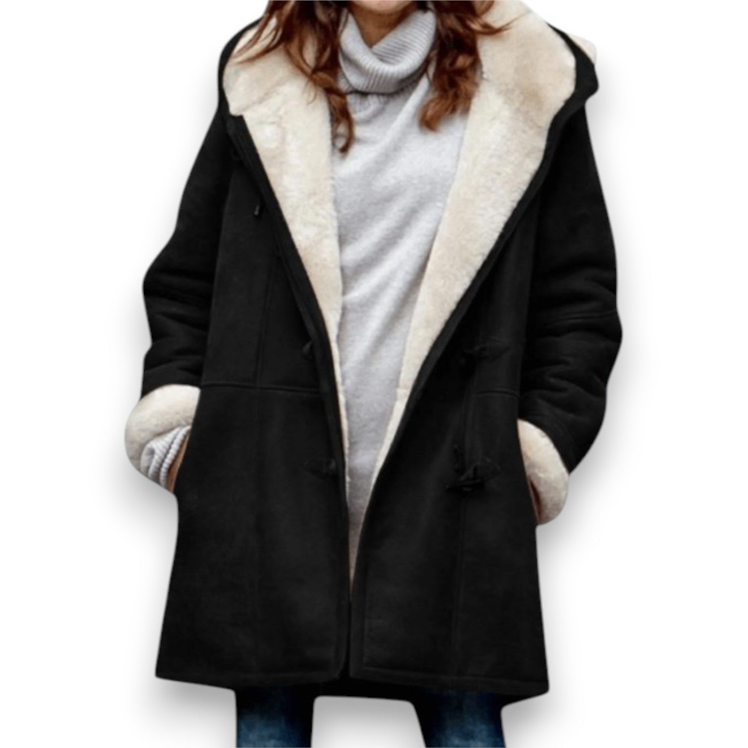 Velora hooded jacket in black with sherpa lining and front pockets, long sleeves