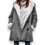 Velora hooded jacket in gray with sherpa lining, open front pockets, long sleeves