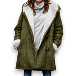 Velora hooded jacket in green with sherpa lining and side pockets, long sleeves