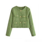 Green tweed cropped jacket with chest flap pockets and heart button details
