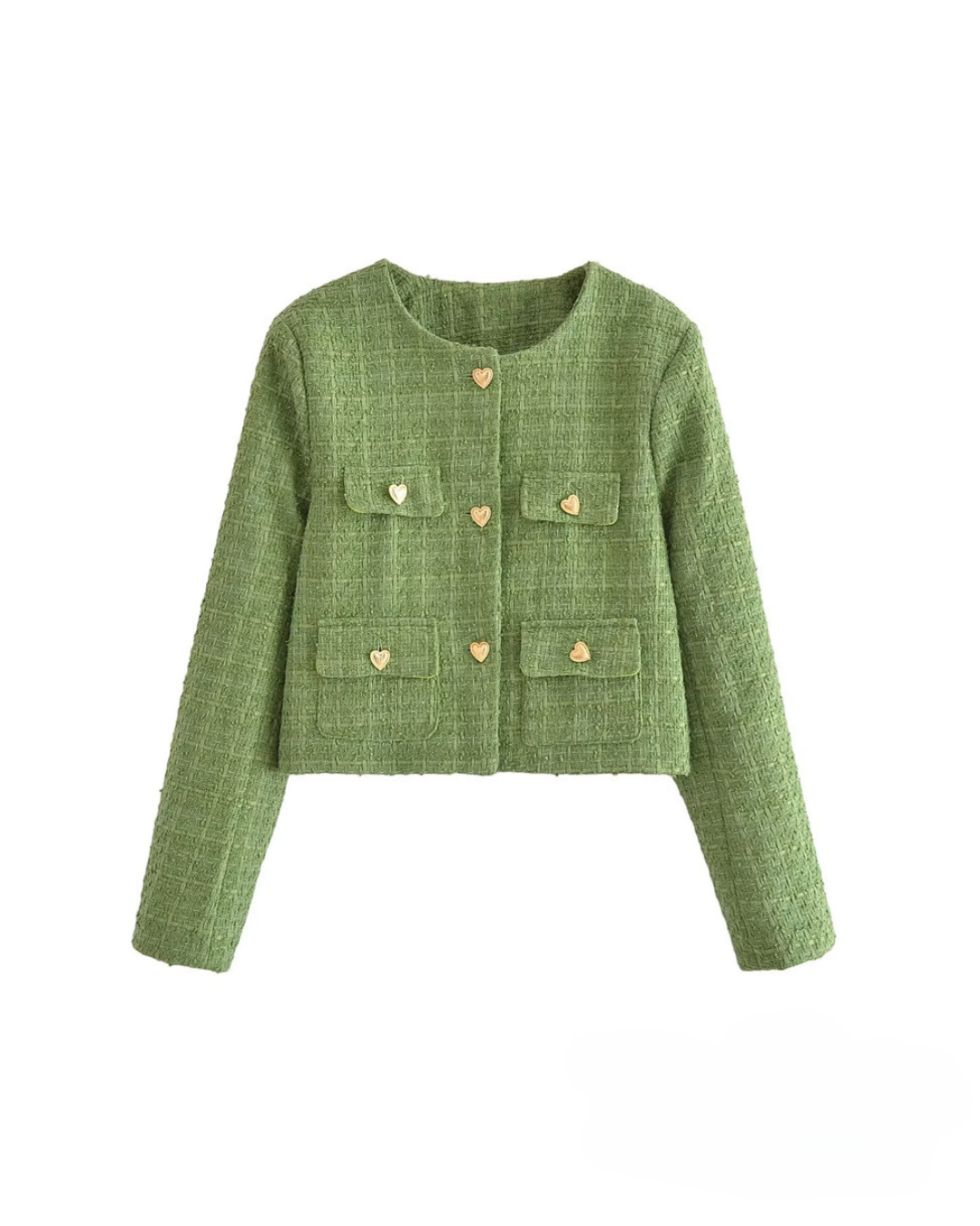 Green tweed cropped jacket with chest flap pockets and heart button details