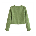 Green tweed cropped jacket back view with long sleeves and structured shoulders