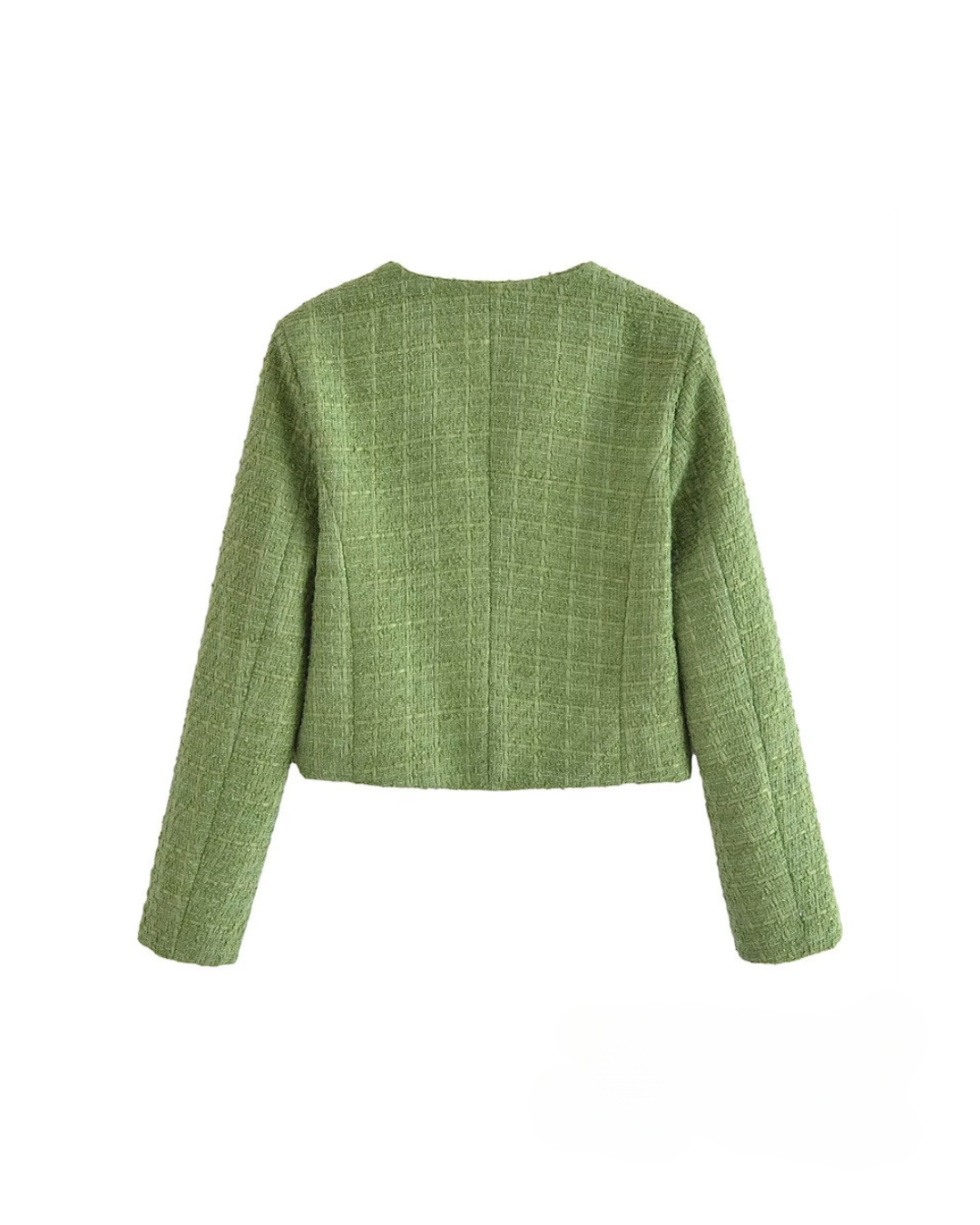 Green tweed cropped jacket back view with long sleeves and structured shoulders