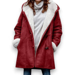 Velora hooded jacket in burgundy with sherpa lining and front pockets, long sleeves