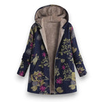 Long hooded floral coat with fleece lining, dark navy background and botanical print