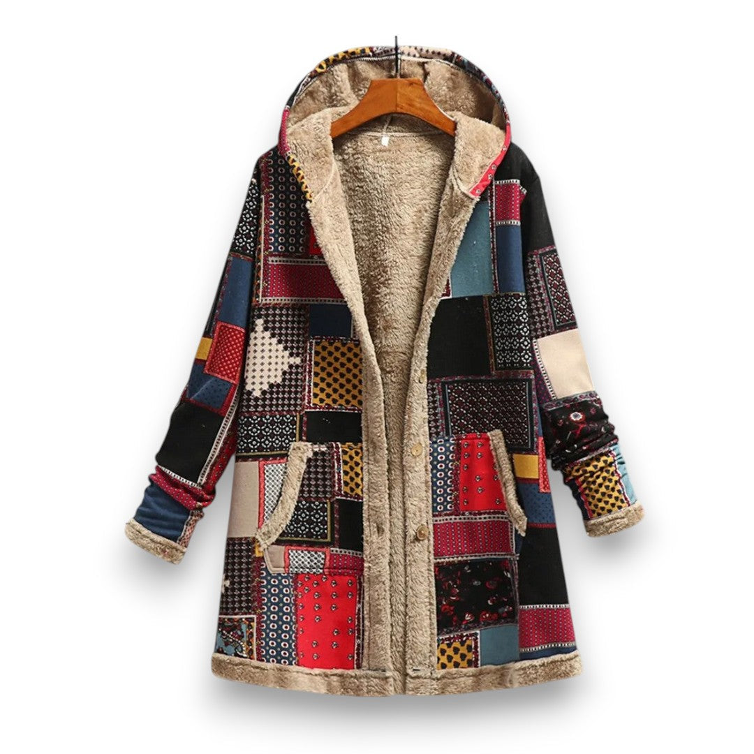 Long hooded patchwork coat with warm fleece lining and red, teal, and black blocks